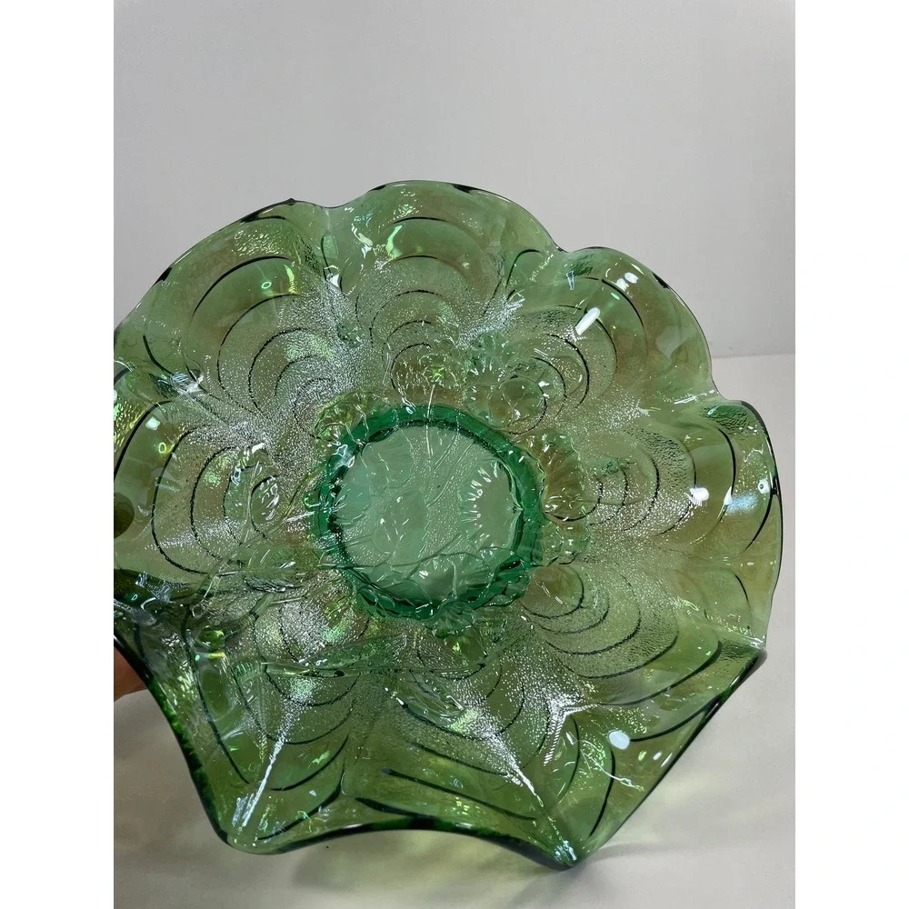 Vtg Imperial Carnival Glass Green Iridescent Pansy Ruffle Bowl Retro